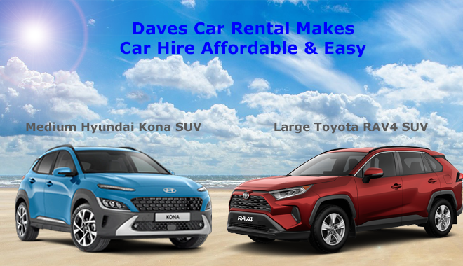 Explore the full range of what Surfers Paradise, Gold Coast and Brisbane has to offer in one our Large Toyota RAV4 and Medium Hyundai Kona SUVs.
